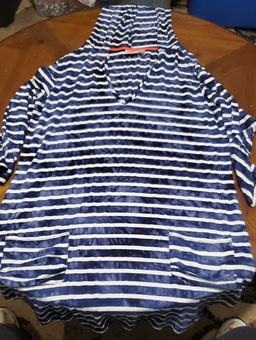 Striped Navy and White Hooded Women's Swim Coverup
